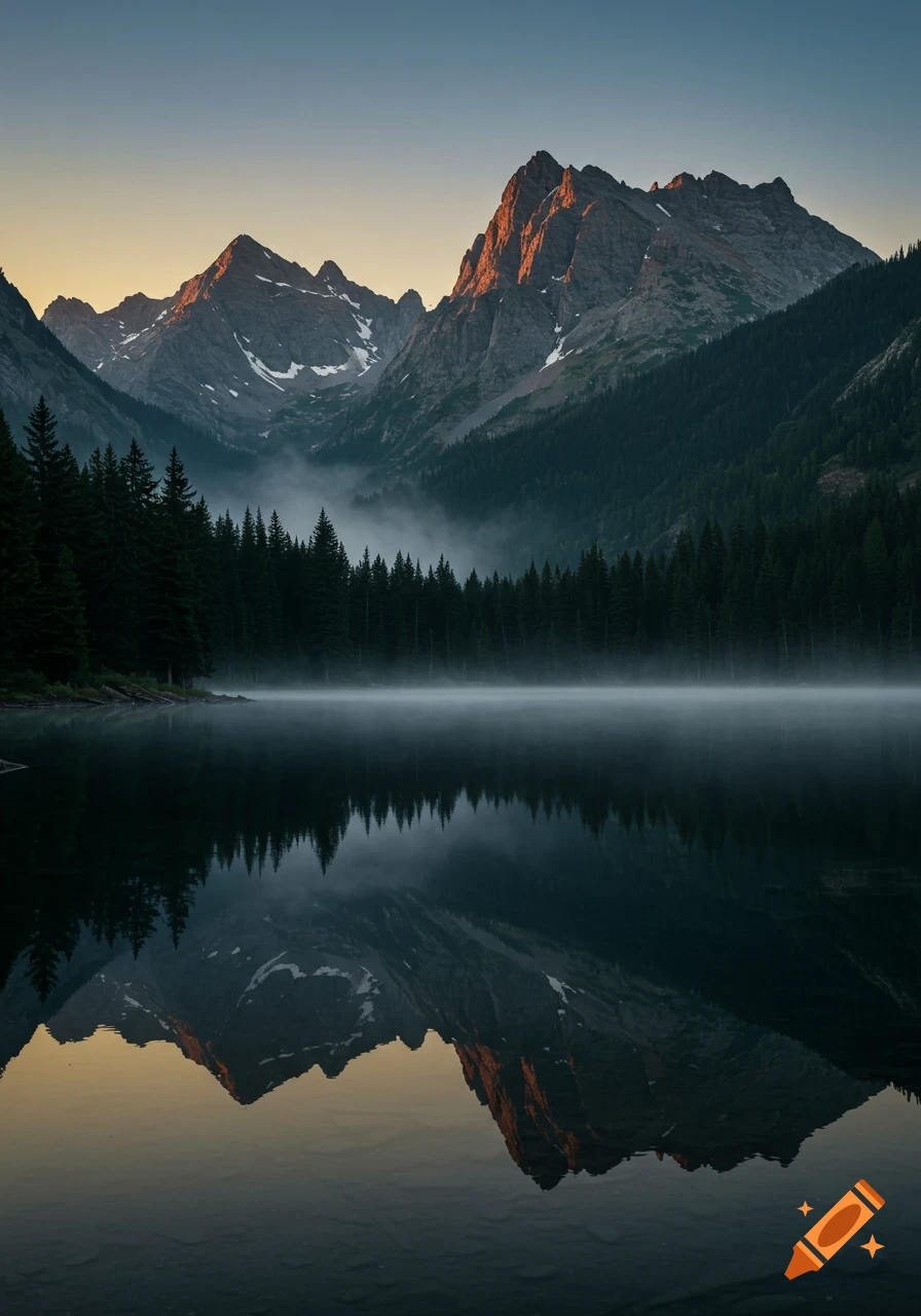 Sunrise over a calm mountain lake with fog, reflecting towering peaks and a dark forest.