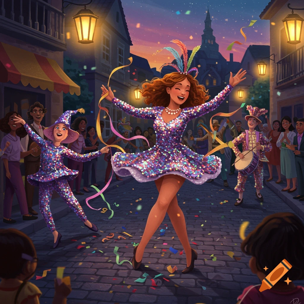 Vibrant illustration of people dancing and celebrating at a night carnival on a cobblestone street with confetti.