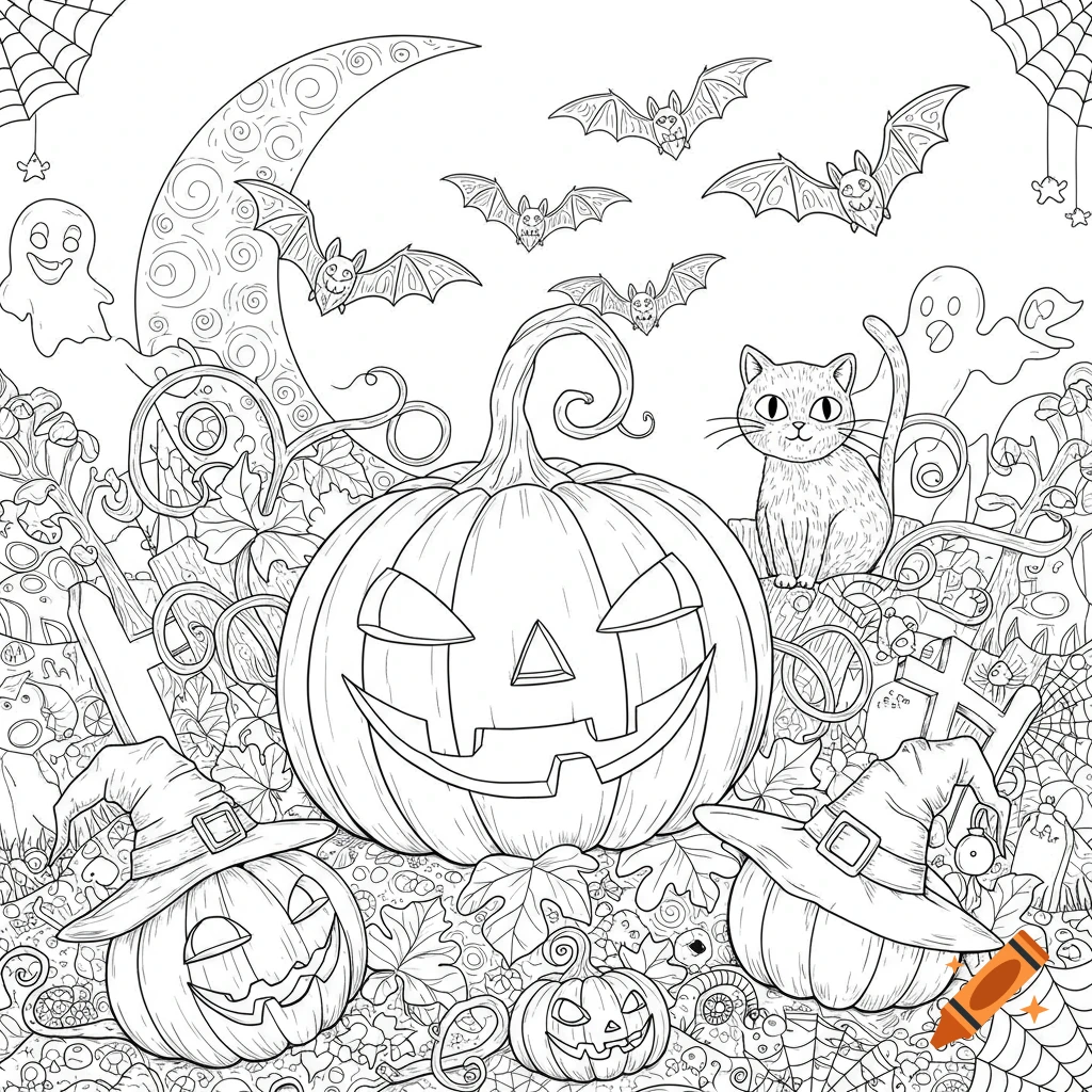 Detailed line art Halloween coloring page with pumpkins, bats, ghosts, and a cat, under a crescent moon with spiderwebs.