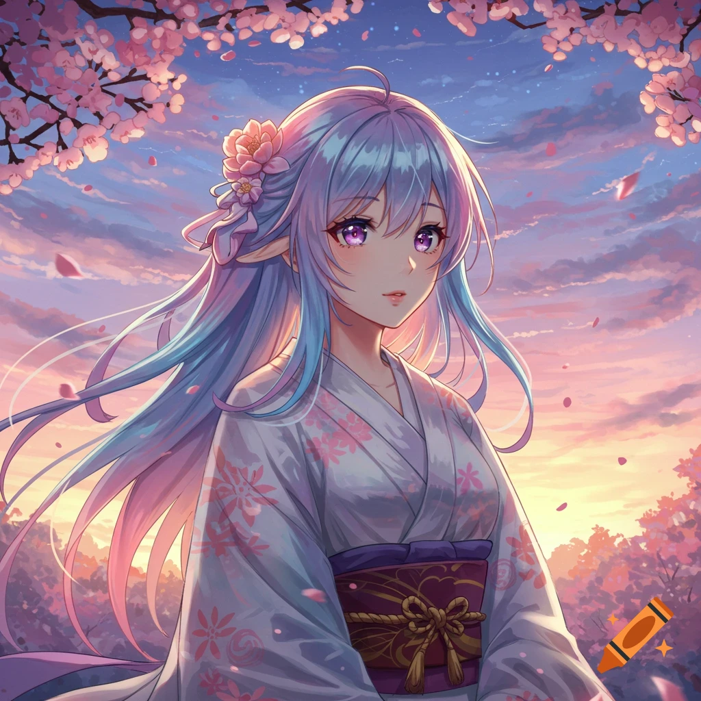 An anime-style elf girl with long blue and purple hair in a kimono stands under pink cherry blossoms at sunset.