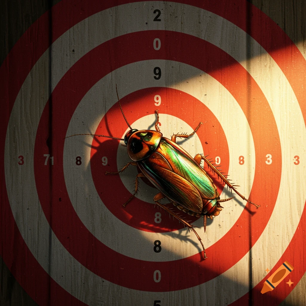 A large, iridescent cockroach sits on the center of a red and white dartboard with numbers, under bright light.