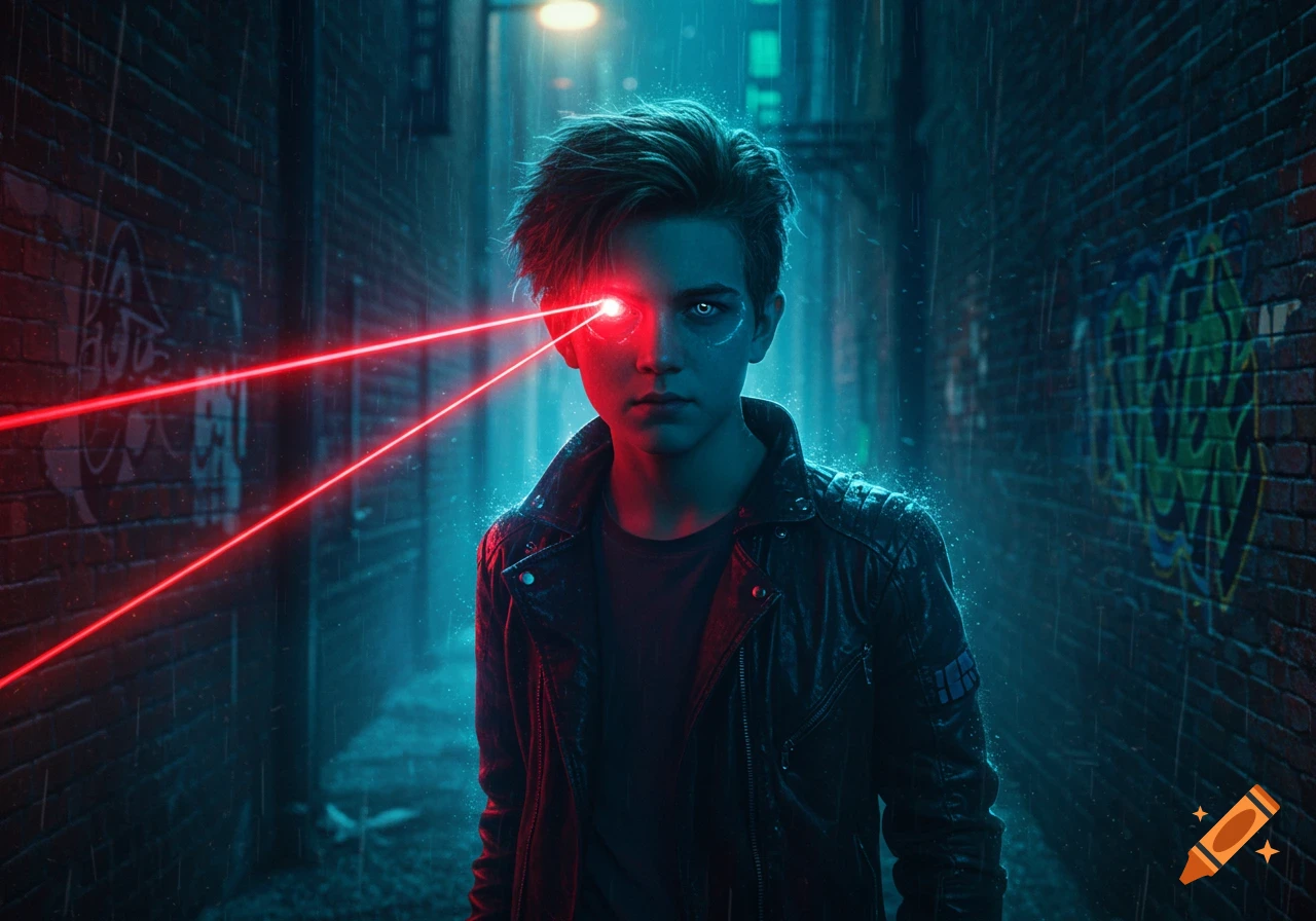 A blue-skinned teenager with glowing red laser eyes in a dark, rainy urban alley with graffiti.