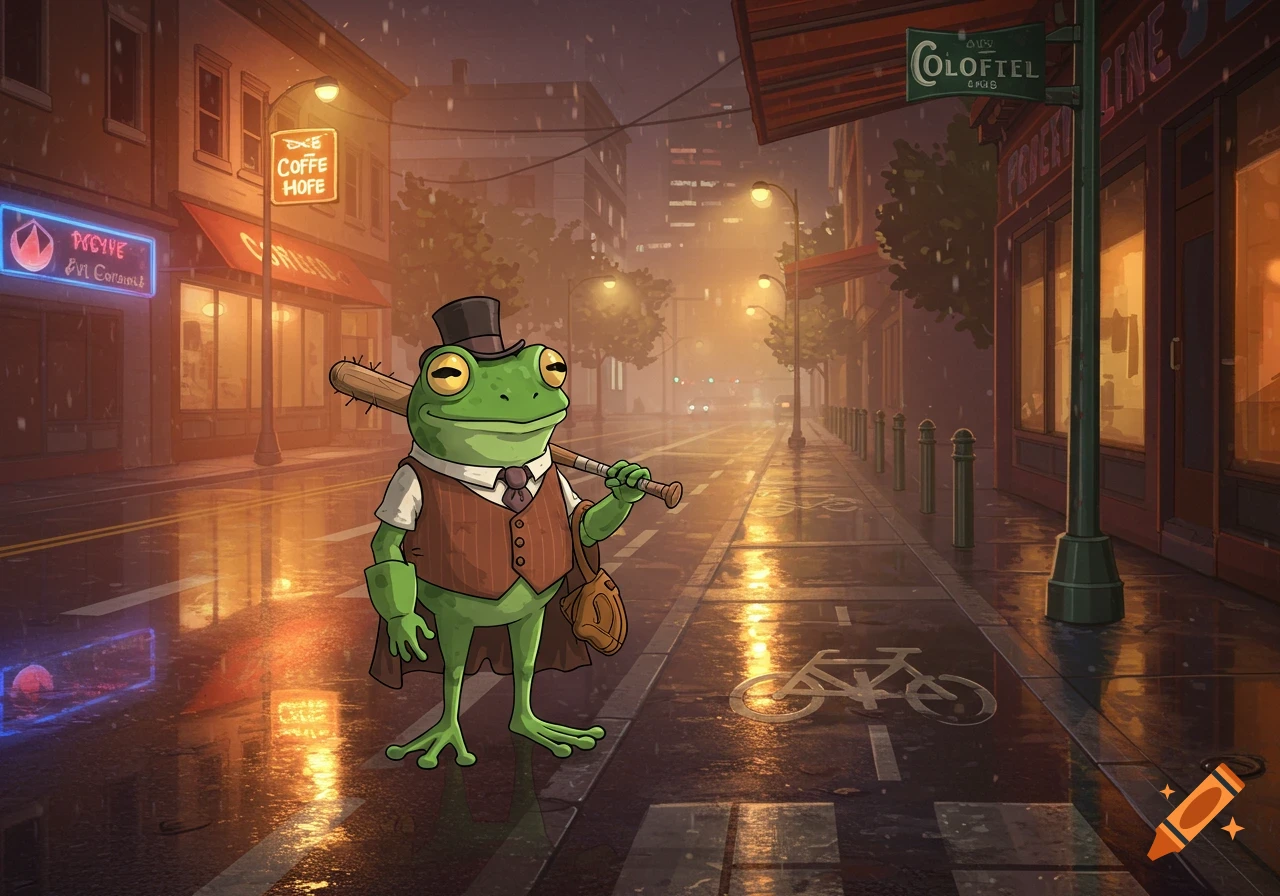 A cartoon green frog in a waistcoat and top hat, holding a baseball bat, stands on a wet city street at dusk in the rain.
