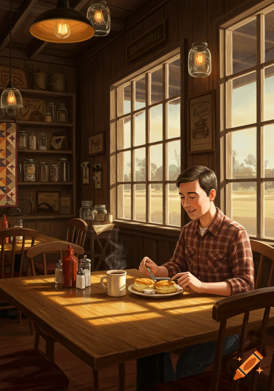 A man in a plaid shirt eats breakfast with coffee and biscuits at a wooden table in a rustic diner with large windows.