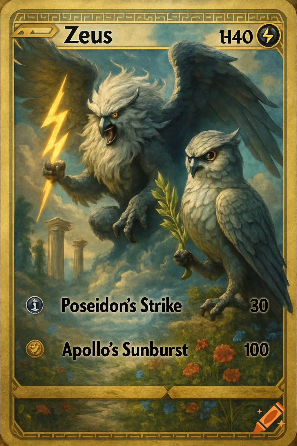 A fantasy trading card featuring a griffin-like bird holding a lightning bolt and an owl holding a leaf branch against a sky with ruins.