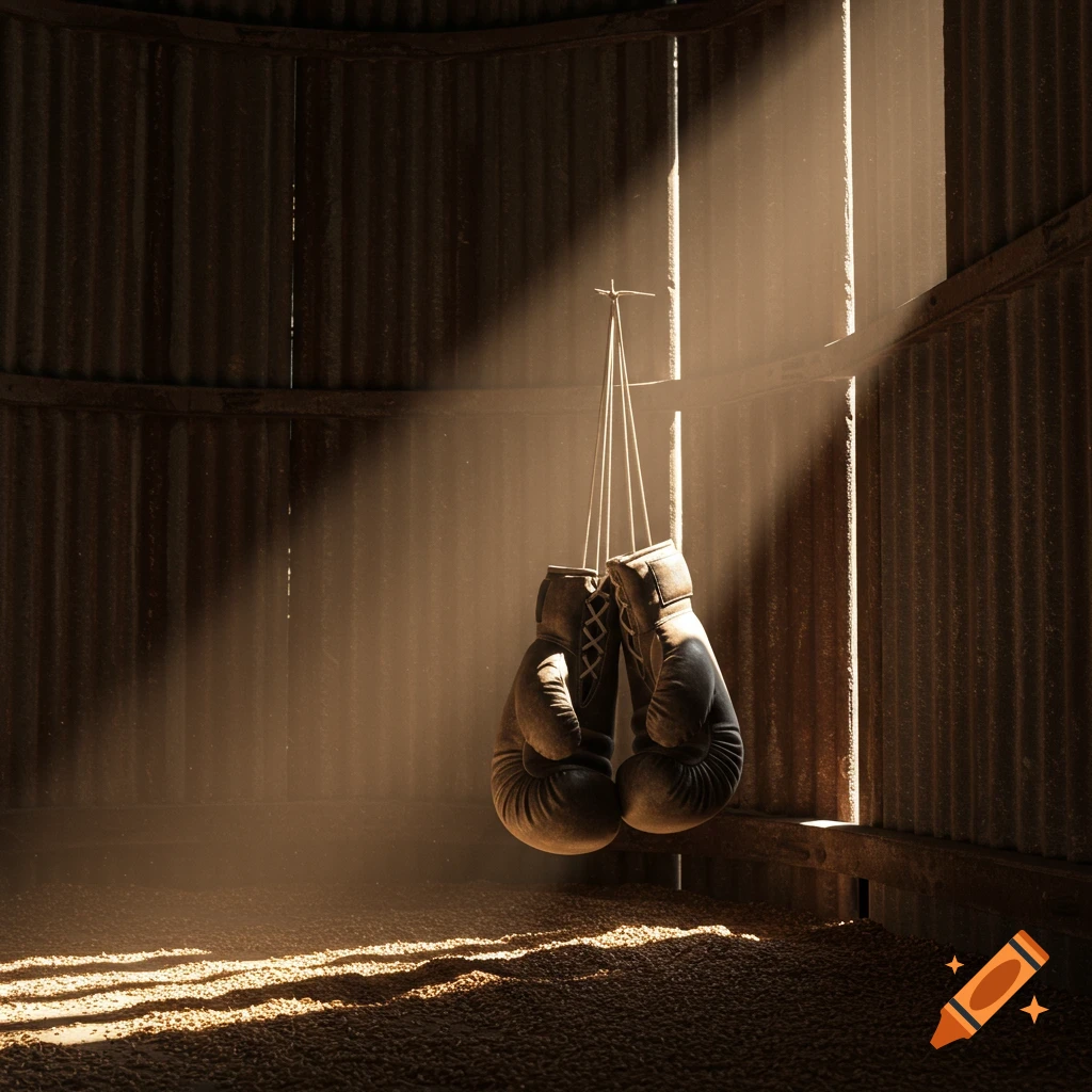A pair of old boxing gloves hangs in a dusty, sunlit silo, rendered in a photorealistic style.