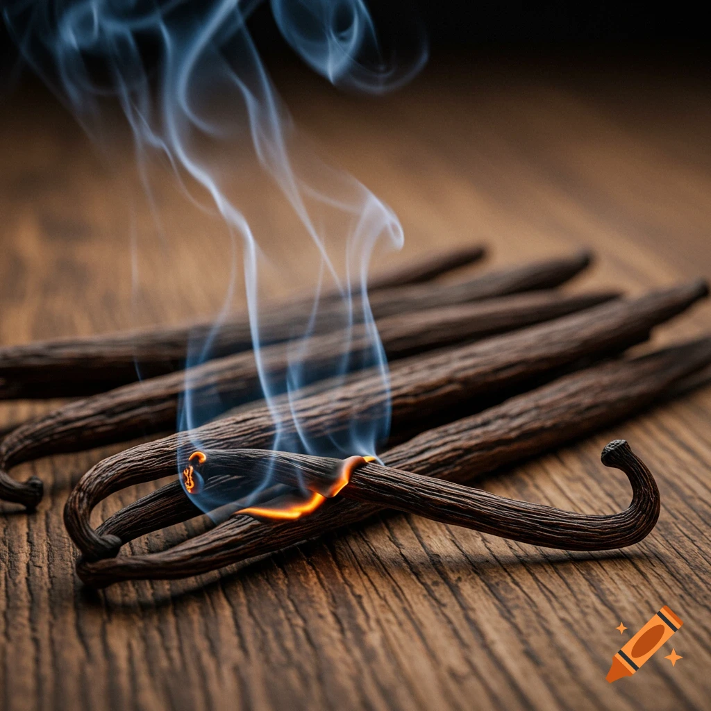 Photorealistic close-up of several dark vanilla beans on a wooden surface, with one bean burning and emitting blue smoke.