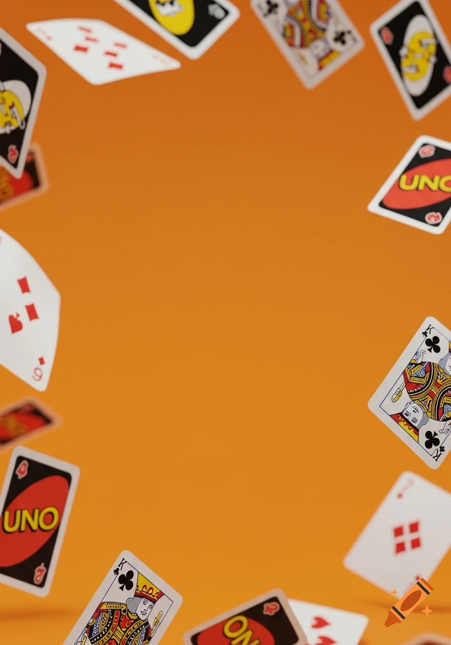 Photorealistic studio shot of various playing cards, including UNO cards, floating on an orange background with a central empty space.