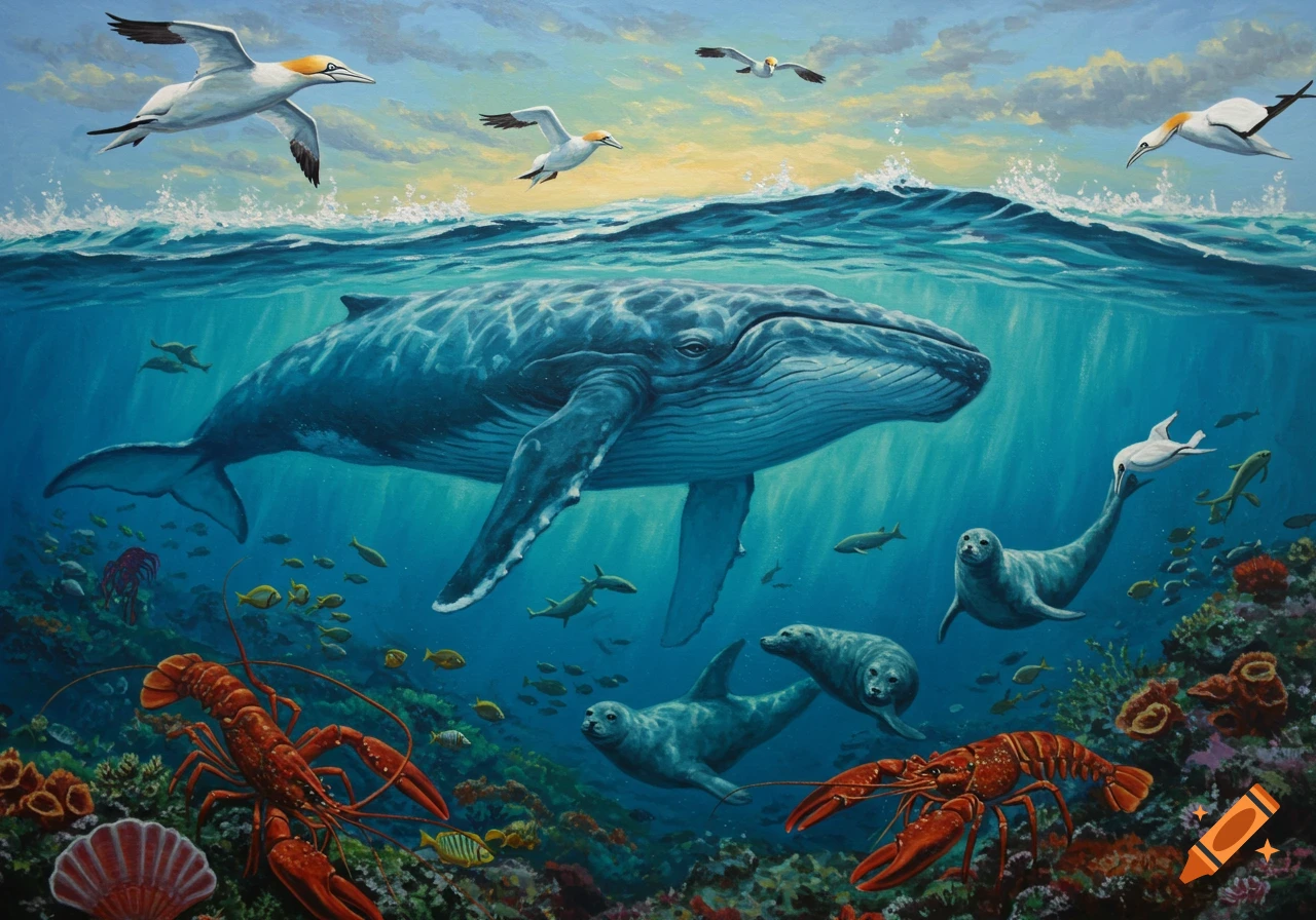 Vibrant marine mural painting of a humpback whale underwater with seals, lobsters, and fish, while northern gannets fly above the ocean surface.