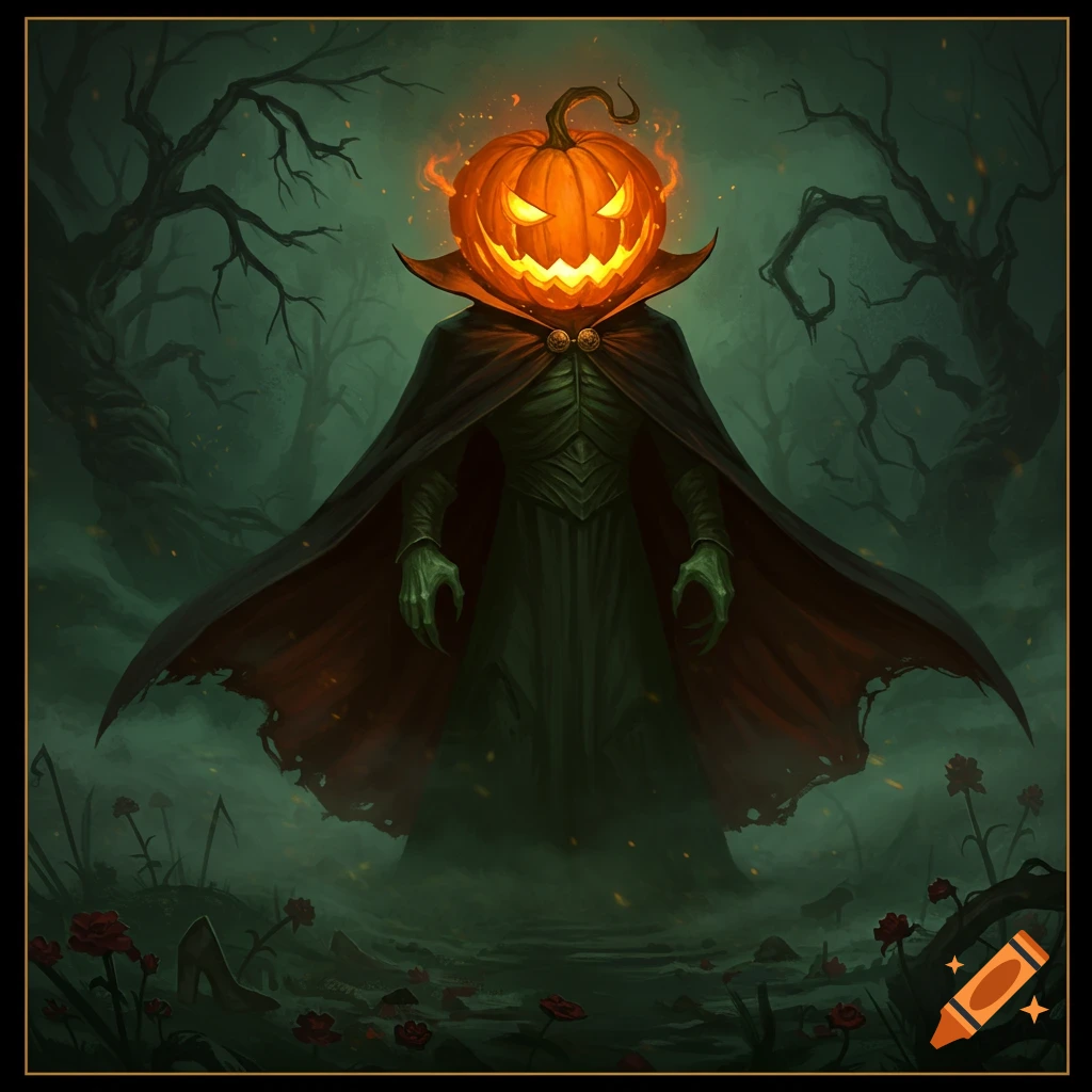 A spooky fantasy illustration of a green monster with a glowing jack-o'-lantern head and a dark cape in a misty forest.