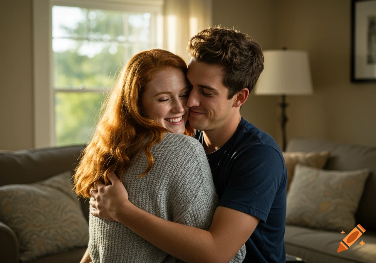 A young man and woman embrace lovingly indoors by a window with natural light.