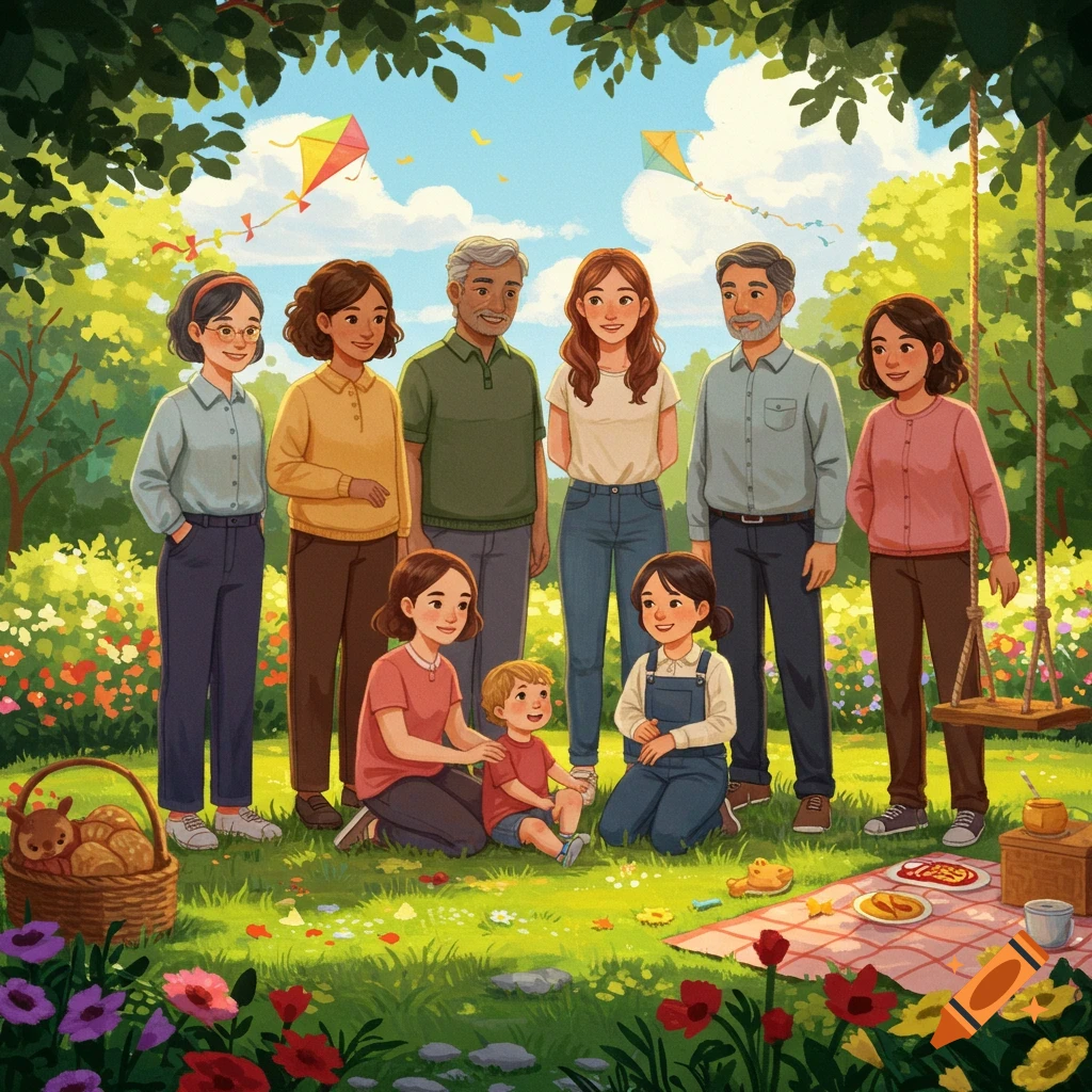 An illustration of a multi-generational family having a picnic in a sunny park with colorful flowers and kites flying.