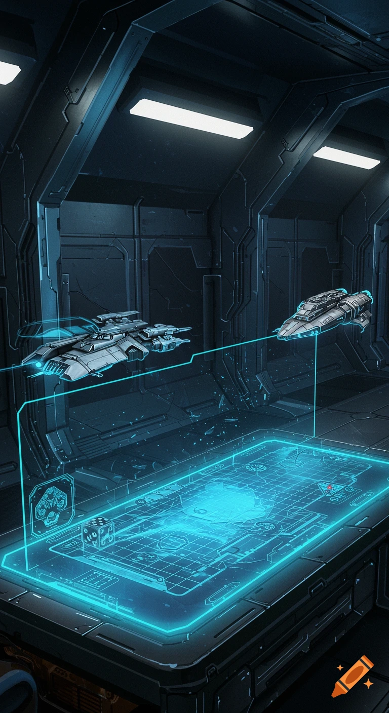 Two spaceships on a glowing blue holographic battle map in a dark, futuristic room.