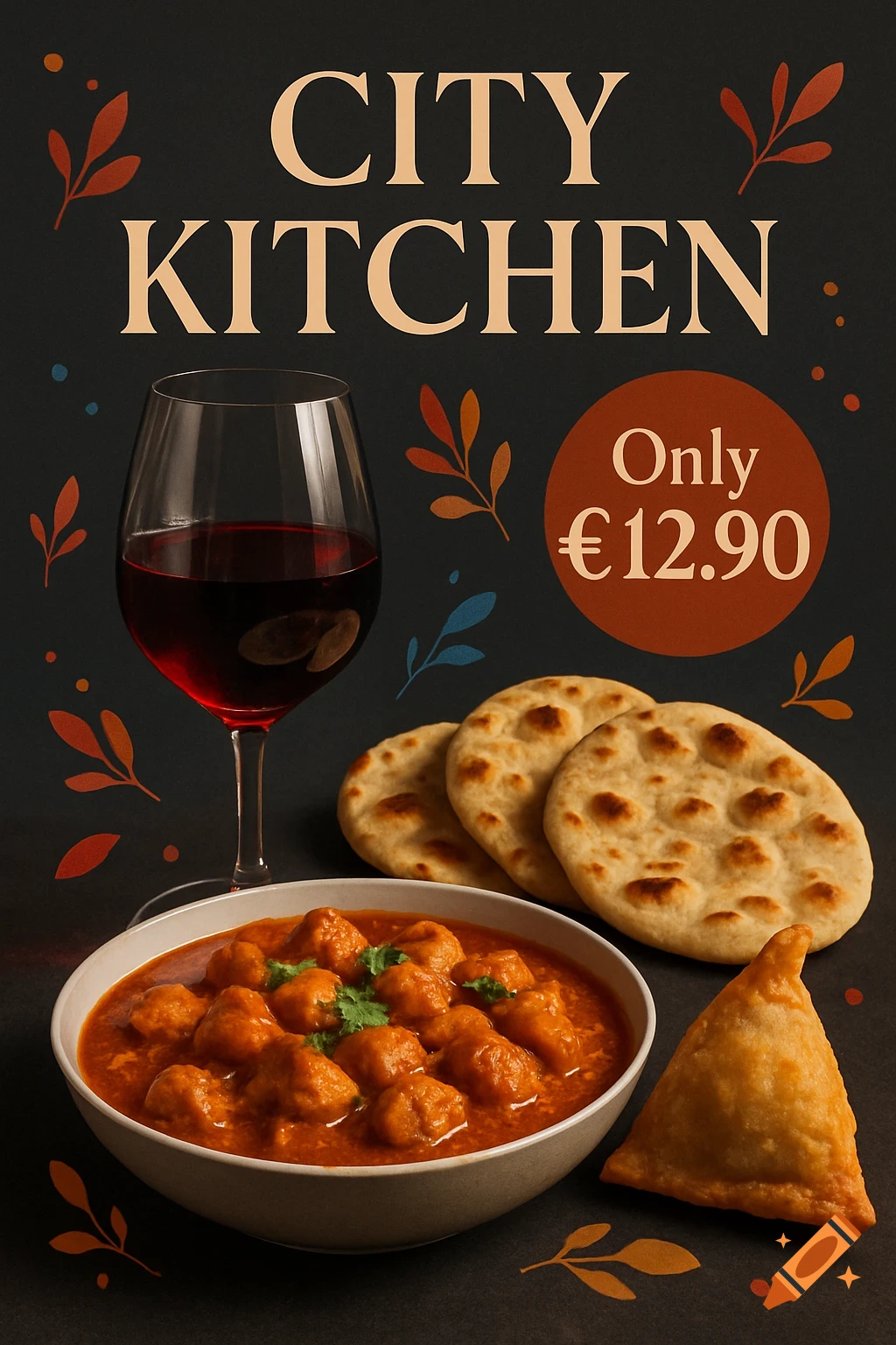 Restaurant poster for CITY KITCHEN showing a bowl of curry, naan, samosa, and red wine with a price of \u20ac12.90.
