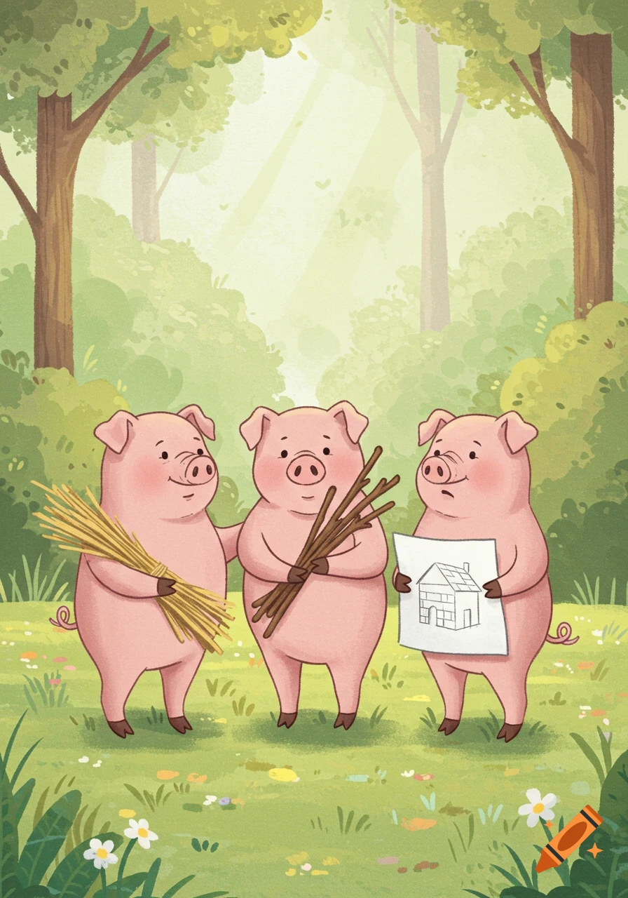 Three cheerful cartoon pigs in a sunny forest, one with straw, one with sticks, and one holding a house blueprint.