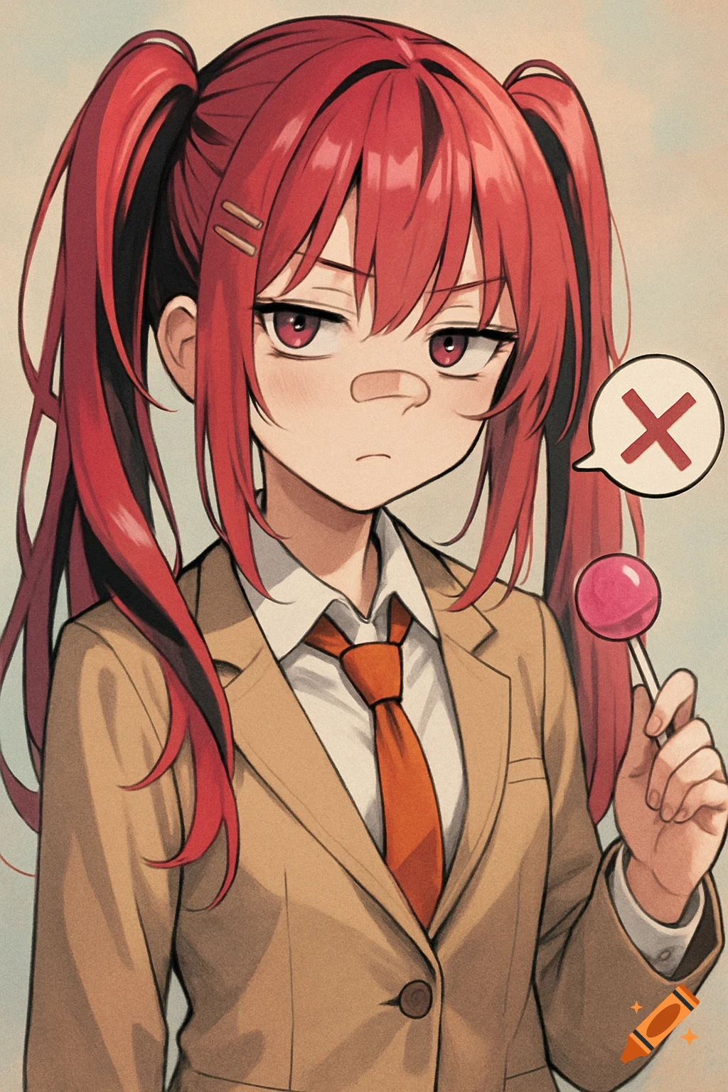 Anime girl with red twin ponytails, a school uniform, and a nose bandage, holding a pink lollipop with a red 'X' speech bubble.