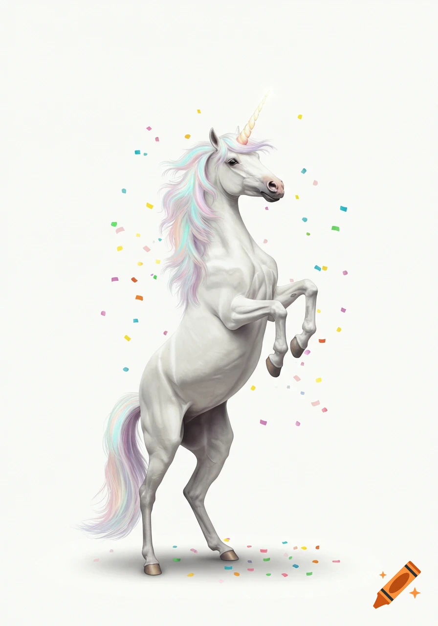 A white unicorn with a rainbow mane and tail rears up amidst colorful confetti on a white background.