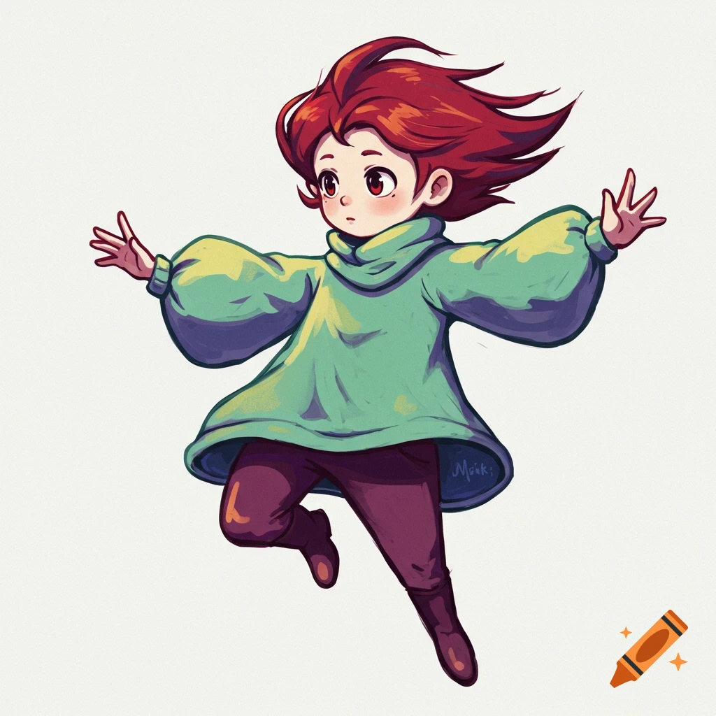 An anime-style character with red hair, wearing a green oversized turtleneck and purple pants, leaping with arms outstretched.