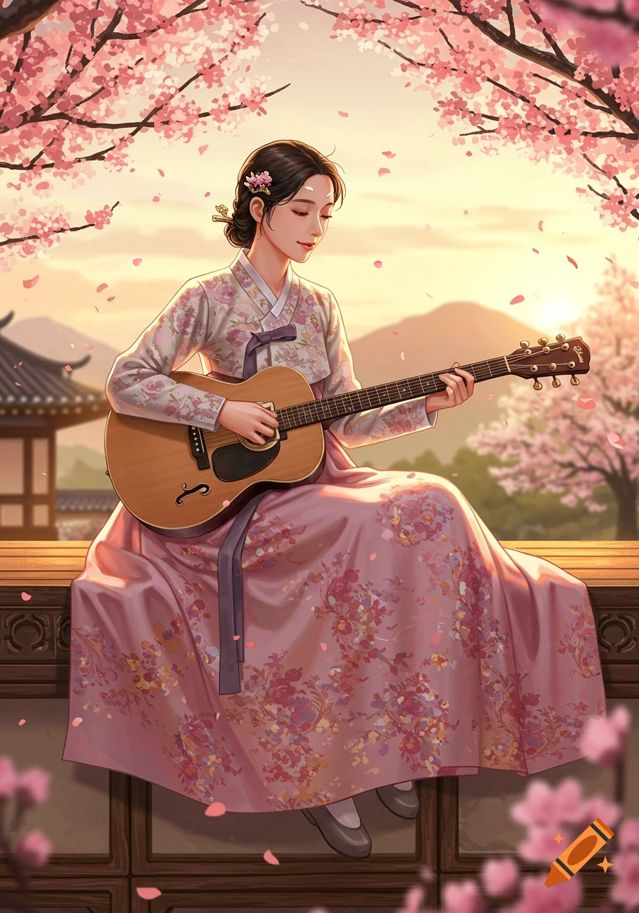 Illustrated Korean woman in traditional floral dress playing an acoustic guitar under pink cherry blossoms.