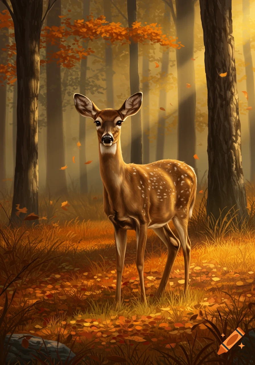 A white-tailed deer stands in an autumn forest with sunlight filtering through orange and brown leaves.