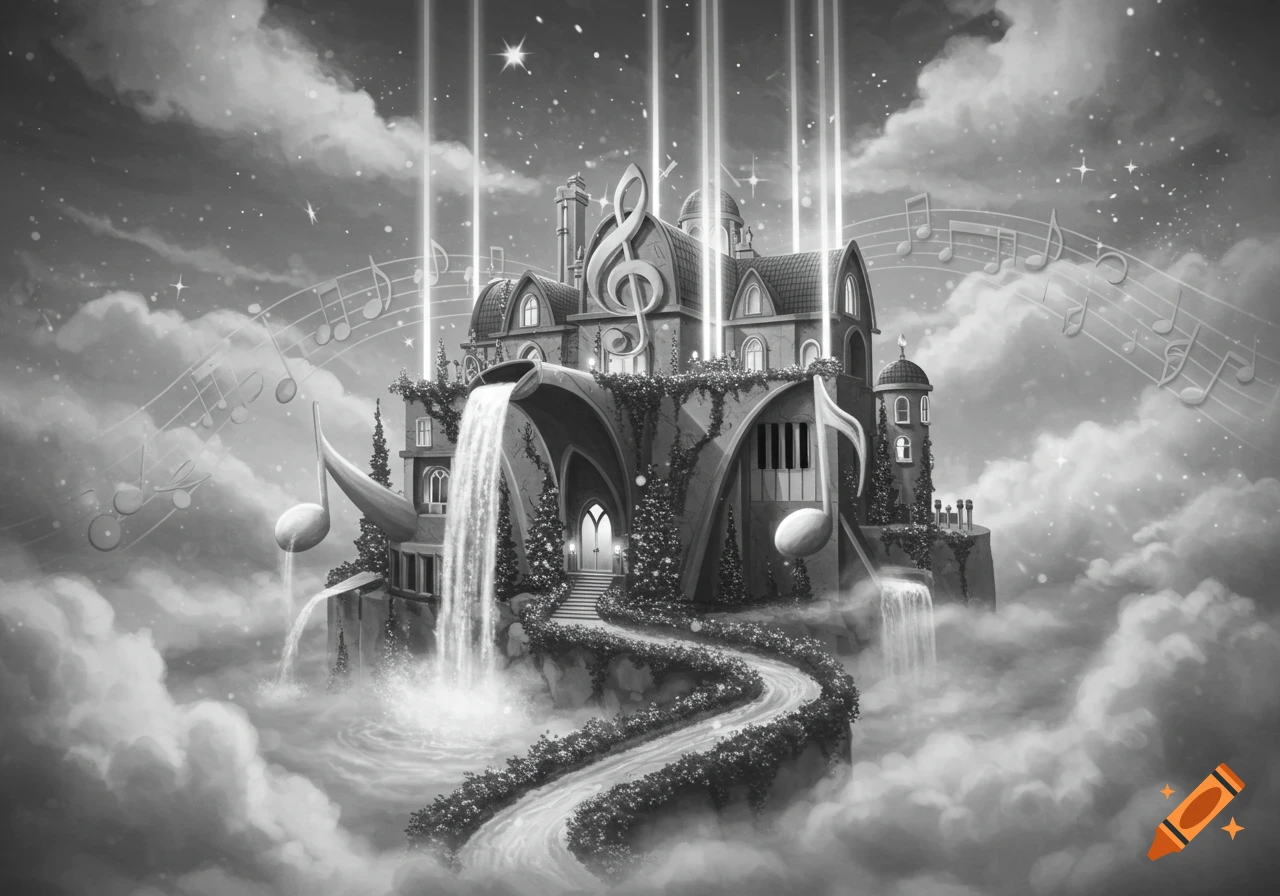 Greyscale ethereal mansion floating in clouds under a starry sky, with music note details, waterfalls, beaming lights, and a winding path.