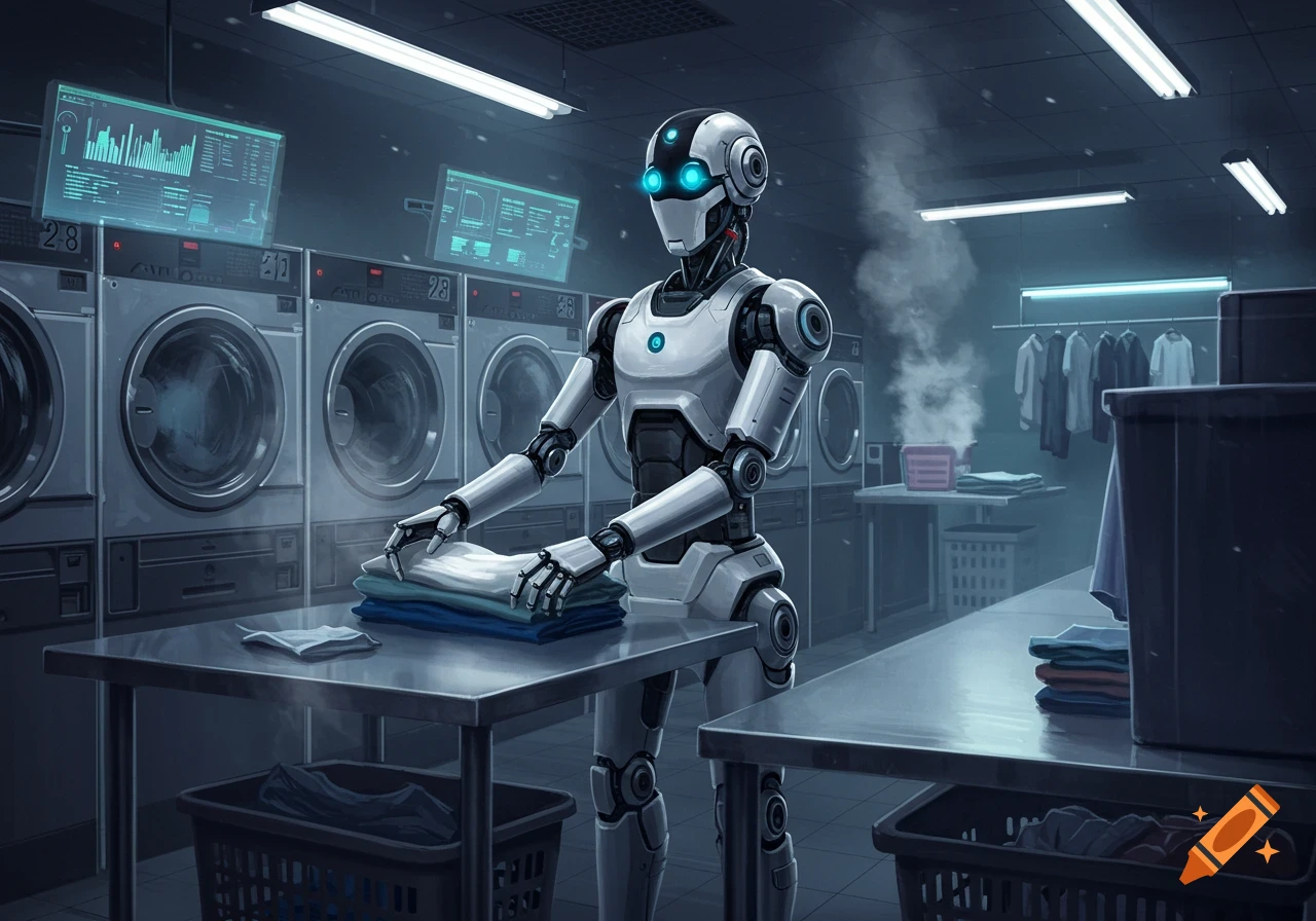 A futuristic robot folds laundry in a sci-fi laundromat with washing machines and glowing digital screens, digital art.