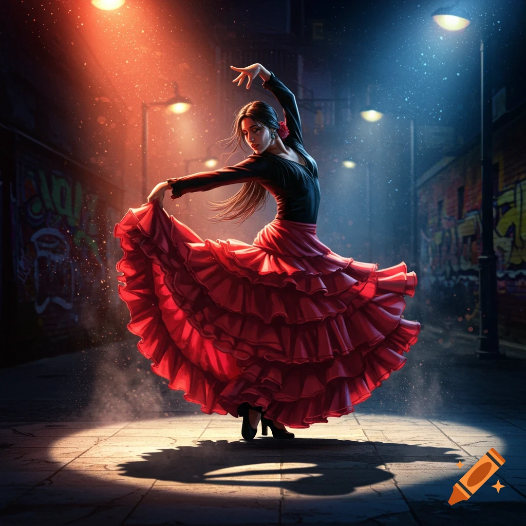 A woman in a vibrant red flamenco dress and black top dances gracefully in a spotlight on a street at night, with graffiti walls in the background.