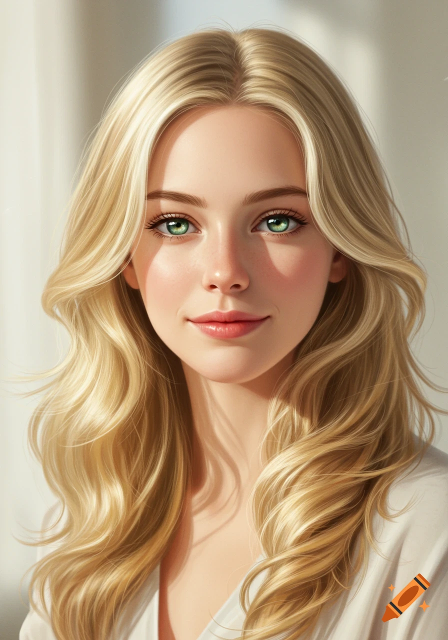 Smiling young woman with long wavy blonde hair and vibrant green eyes in a photorealistic portrait.