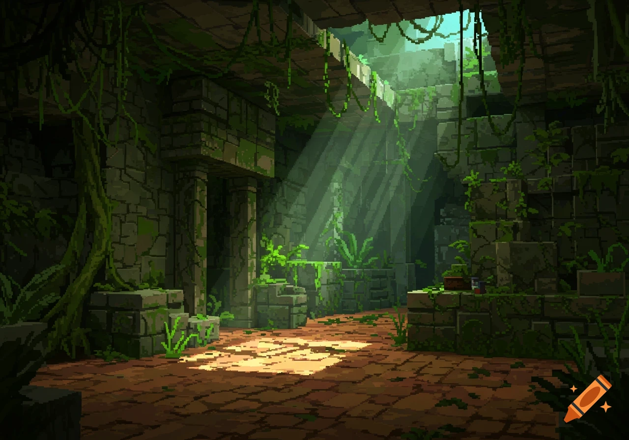 8-bit pixel art of a sunlit, overgrown jungle temple interior with vines and crumbling stone structures.