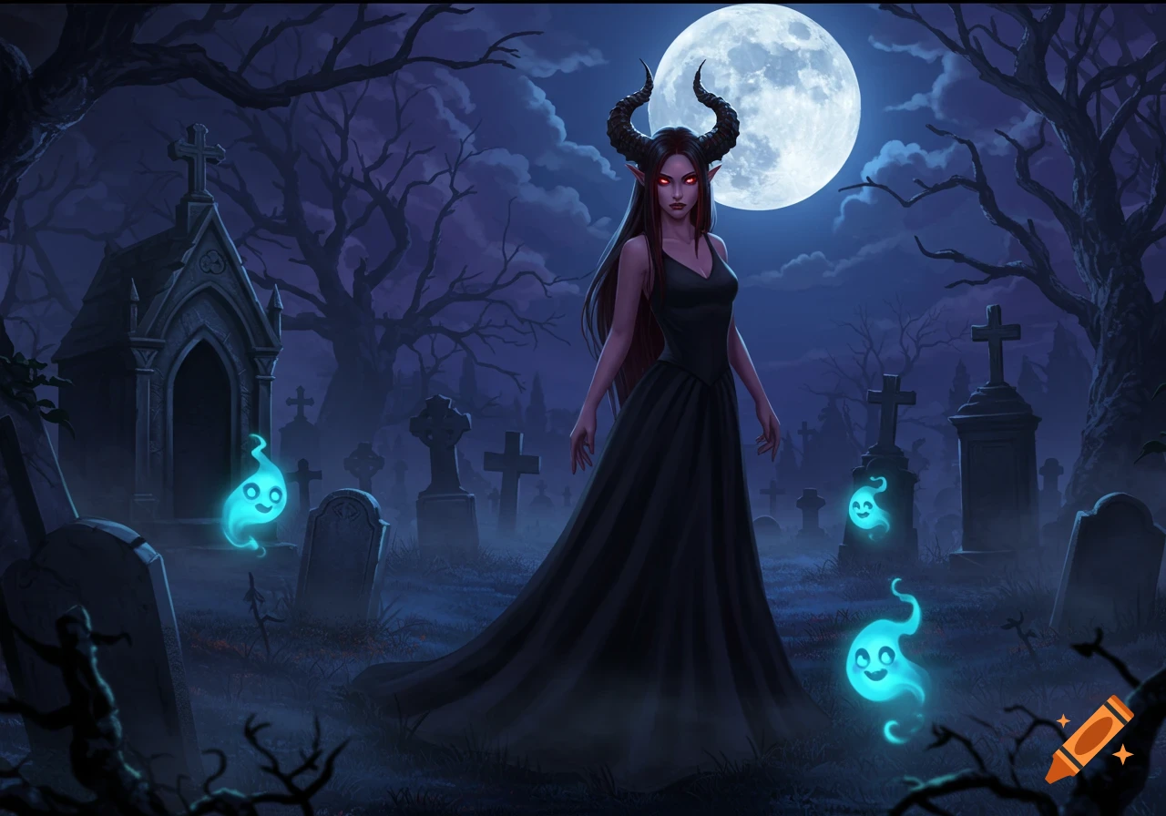 A demon girl with horns and red eyes in a black dress stands in a moonlit gothic cemetery with glowing blue ghosts.