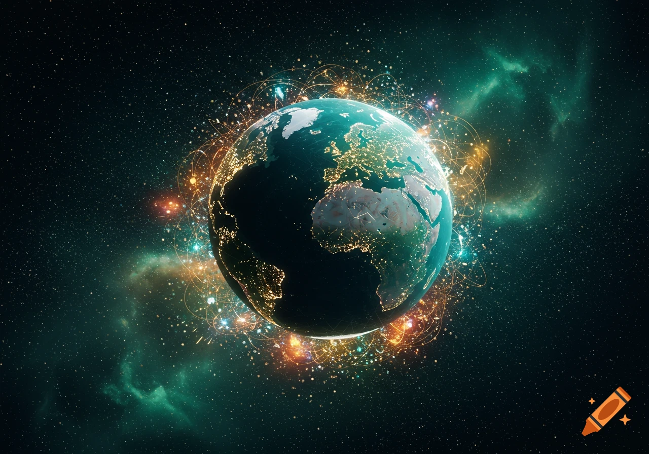 A vibrant view of Earth from space, enveloped by glowing, interconnected network lines representing global communication, set against a backdrop of stars and nebulae.