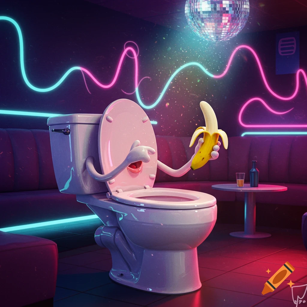 A cartoon toilet with arms and a mouth holds a peeled banana in a neon-lit nightclub with a disco ball.