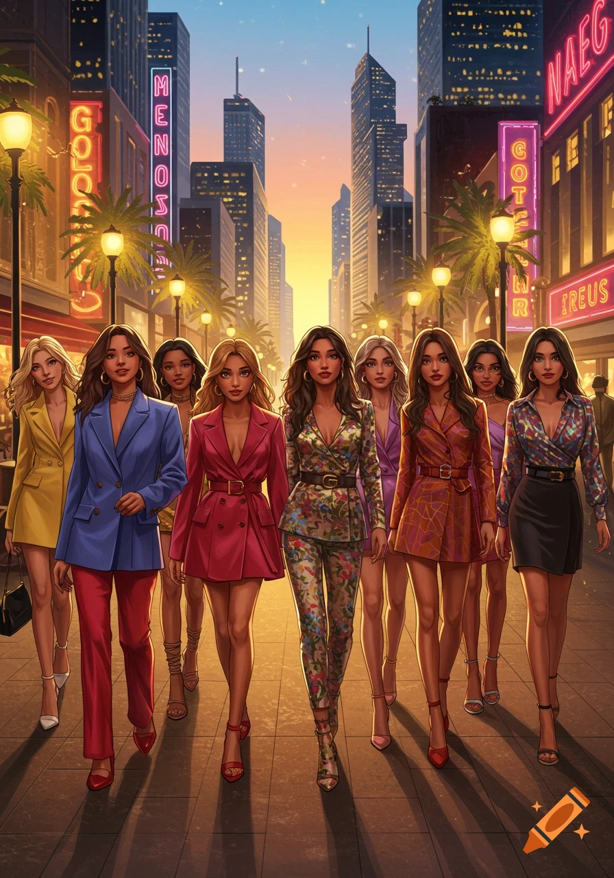 Cartoon illustration of eight stylish women walking down a vibrant city street with neon signs at sunset.