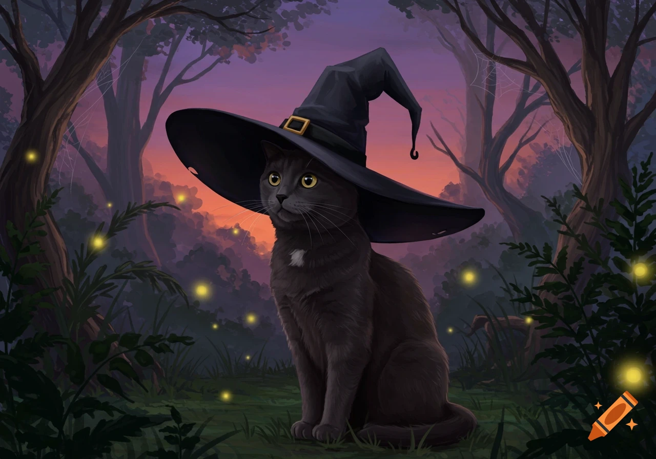 A gray cat in a witch hat sits in a magical forest at dusk with glowing fireflies, digital art.