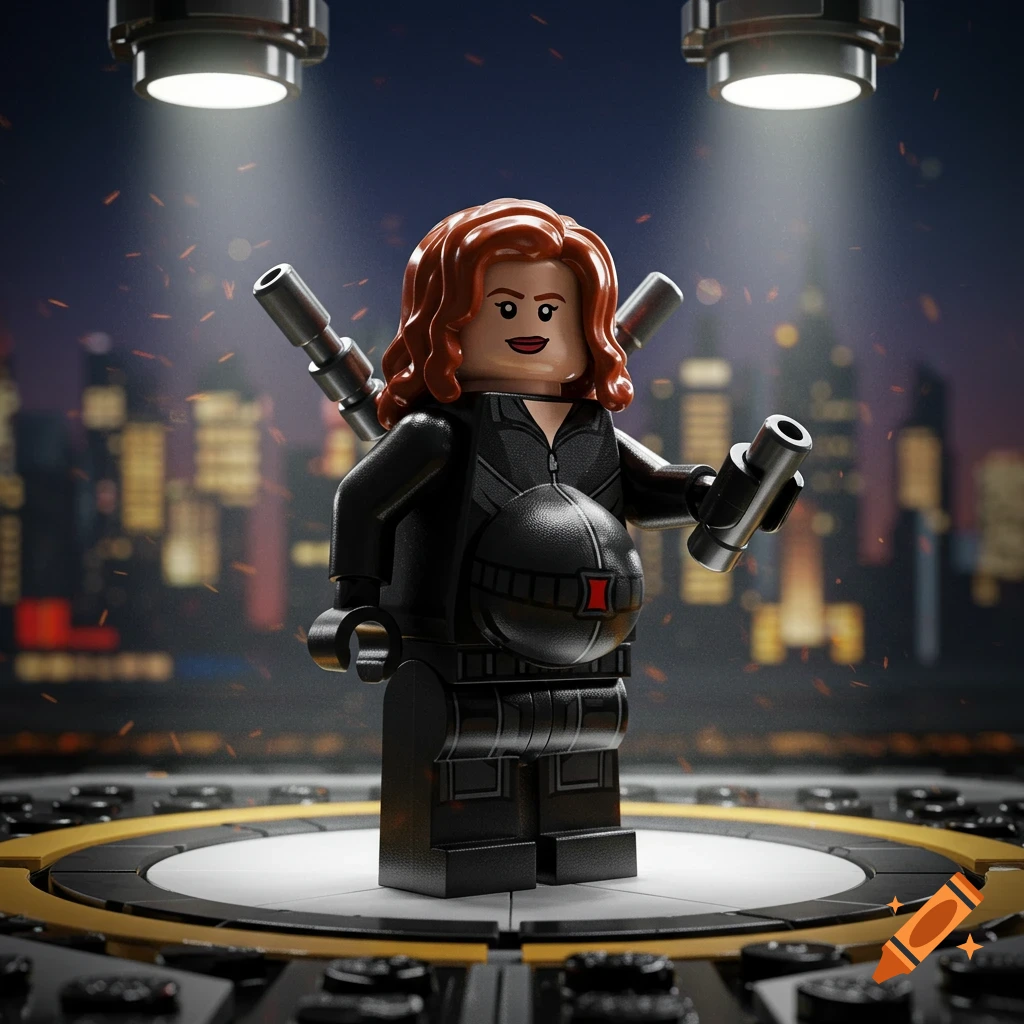 A pregnant Lego minifigure of Black Widow stands on a circular platform under spotlights, with a blurred cityscape at night in the background.