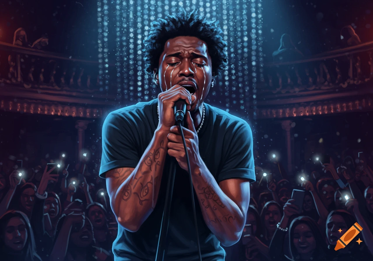 An emotional male singer with dreadlocks cries while singing into a microphone on a dark stage, illuminated by blue lights, with an audience.