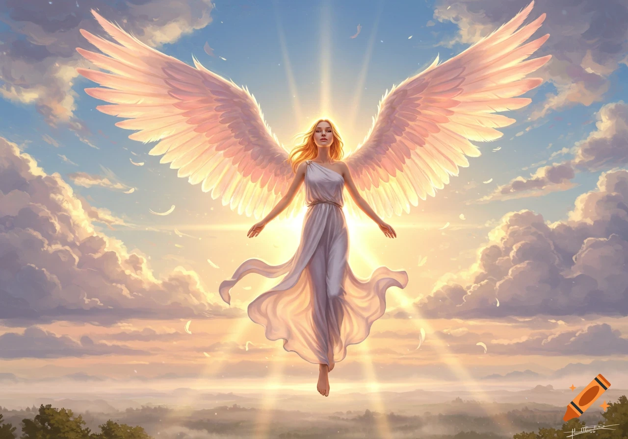 A radiant angelic woman with large white wings floats above clouds and a misty landscape at sunrise.