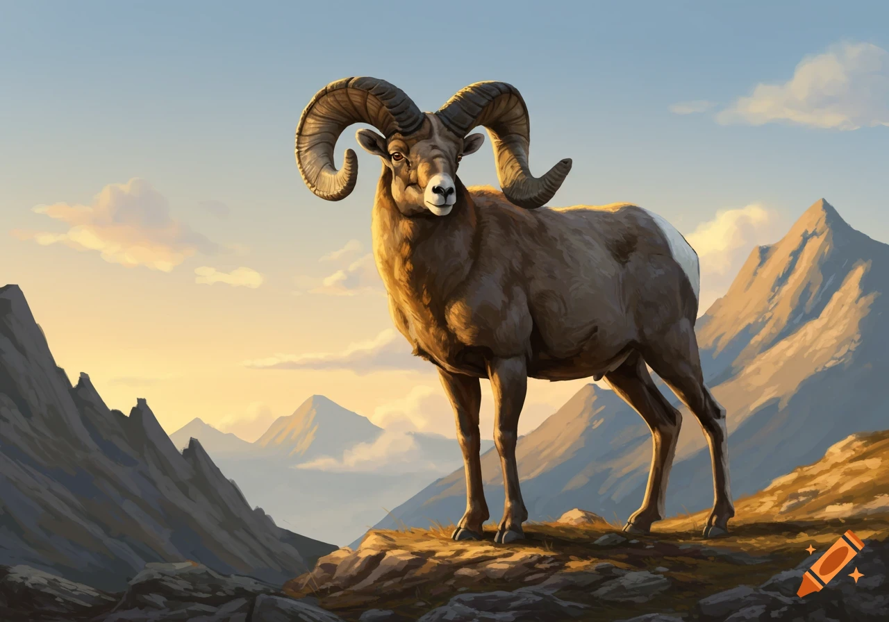 A majestic bighorn ram stands on a sunlit rocky mountain peak with rugged mountains and a colorful sky in the background, in a realistic style.