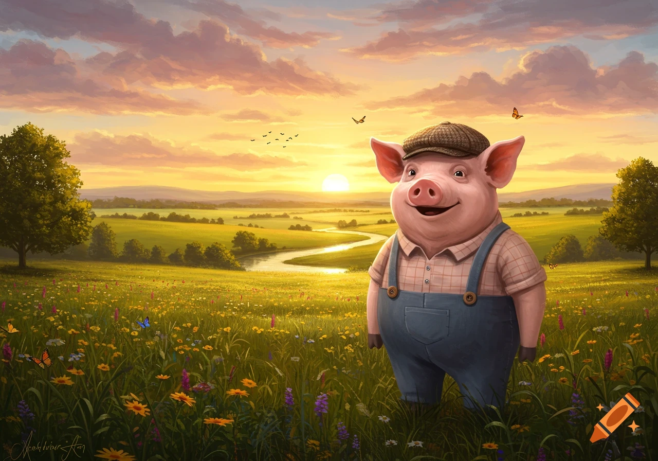 A smiling, cartoon pig in overalls and a cap stands in a wildflower field at sunset, with a winding river and hills in the background.
