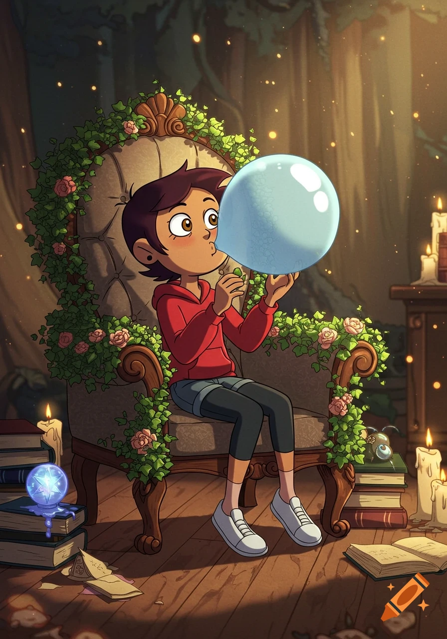Luz Noceda sits on an ornate, floral armchair, blowing a large light blue bubble in a magical, candlelit room. Cartoon art.