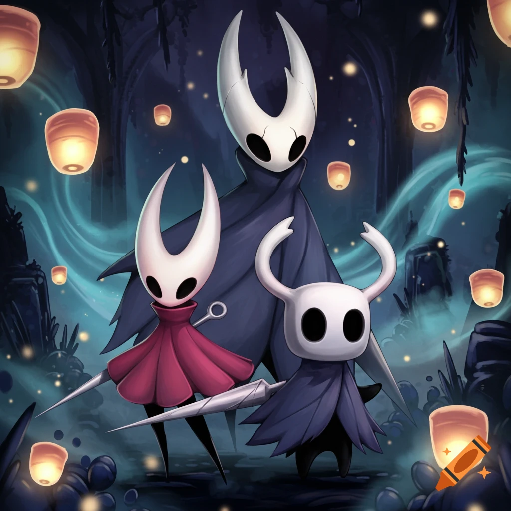 Hornet, The Knight, and The Hollow Knight from the video game Hollow Knight stand amidst glowing lanterns in a dark, mystical setting.