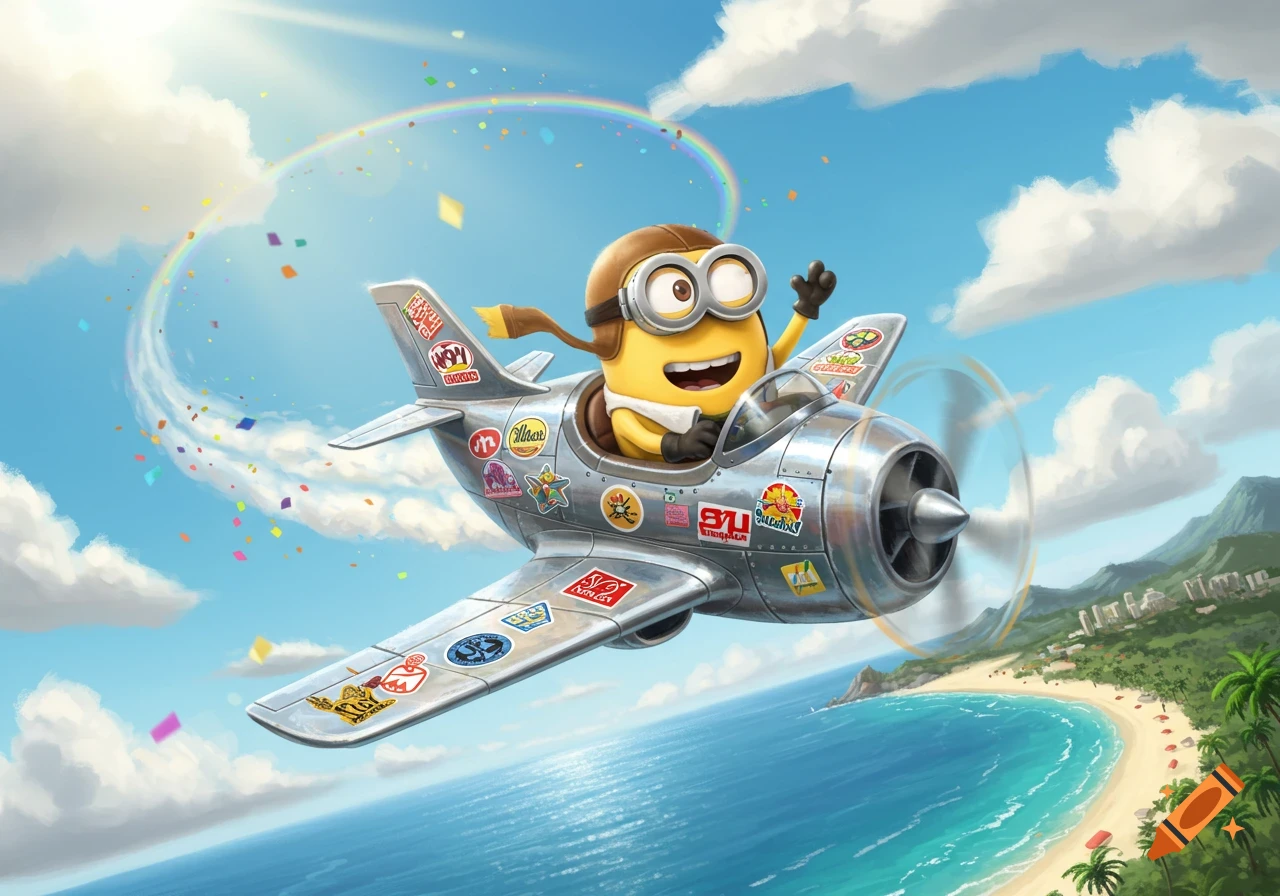 A cartoon Minion in aviator gear flies a silver propeller plane over a tropical beach and ocean, with a rainbow and confetti.
