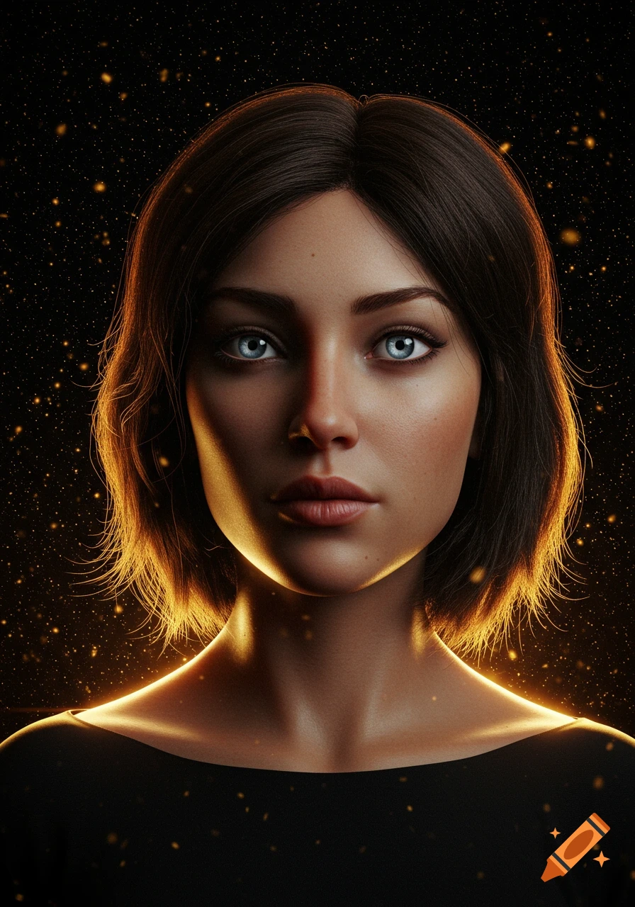 Semi-realistic digital portrait of a woman with blue-gray eyes and medium dark hair, illuminated by golden rim light against a black, starlit background with sparkles.