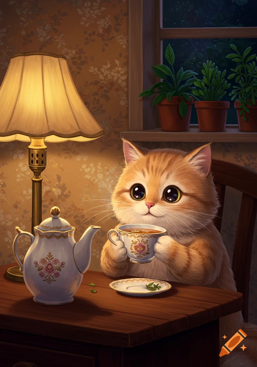 A cute, fluffy orange cat with large eyes holds a teacup at a wooden table, beside a teapot and lamp, with plants by a window.