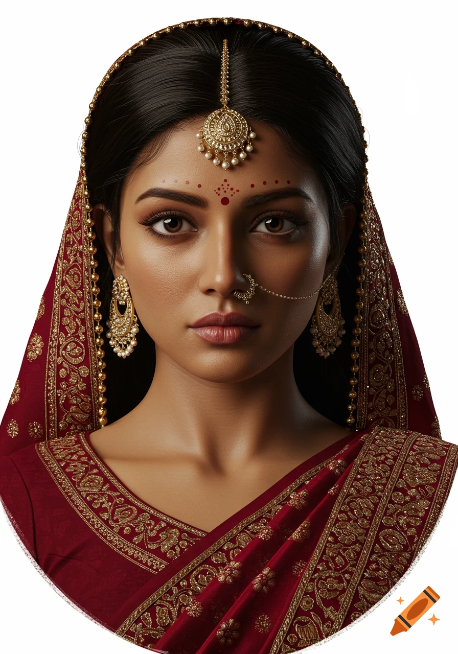 A photorealistic portrait of an Indian woman adorned in traditional red and gold attire and intricate gold jewelry, looking directly at the viewer.