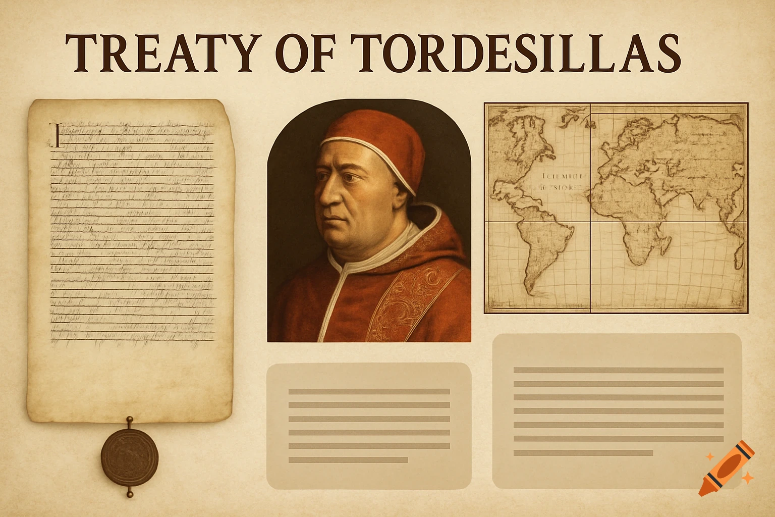 A vintage-style poster presentation about the Treaty of Tordesillas, featuring an old document, a portrait of Pope Alexander VI, and a world map.