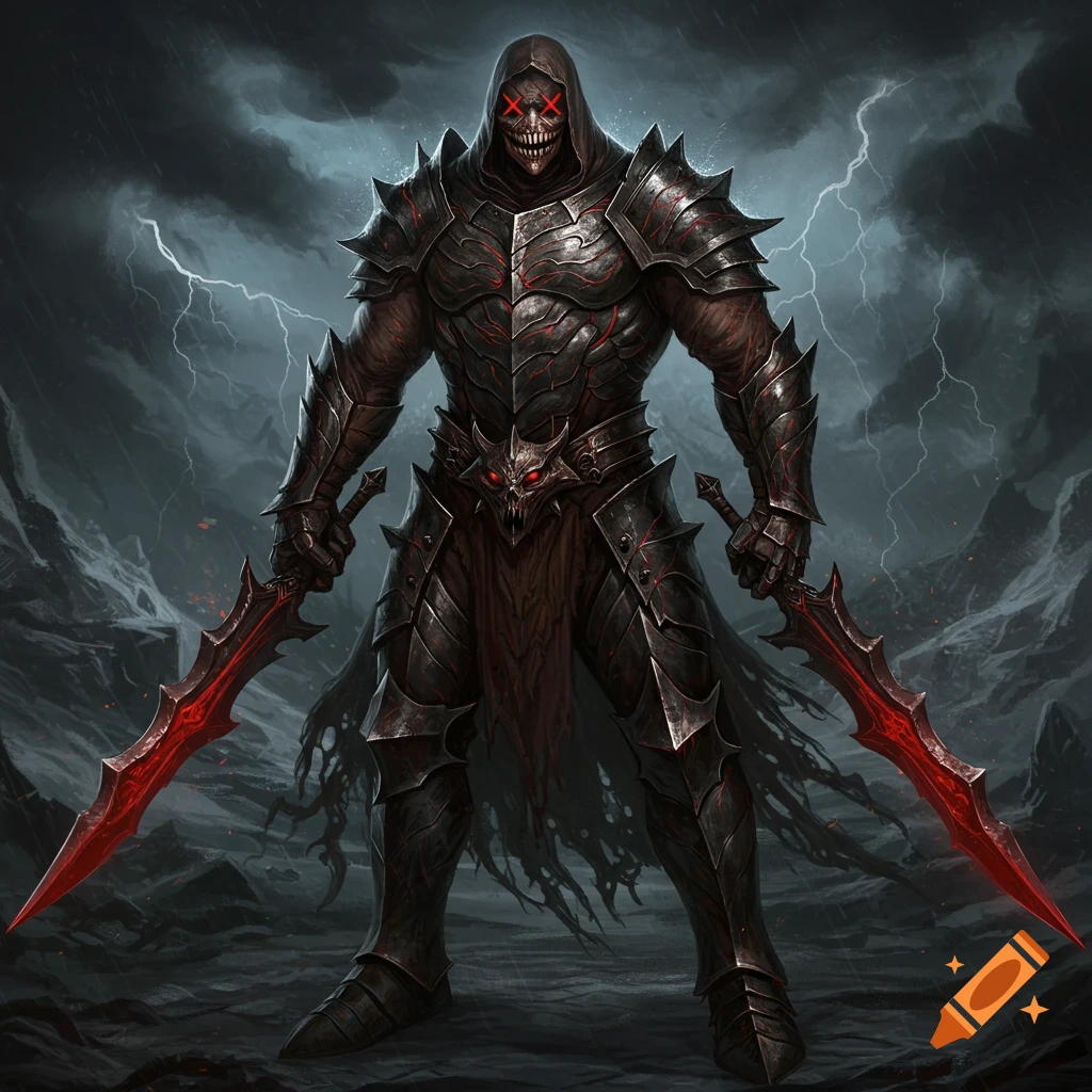 A hooded dark knight in spiked armor, with red X-eyes and a creepy smile, wields two glowing red swords under a stormy, lightning-filled sky.