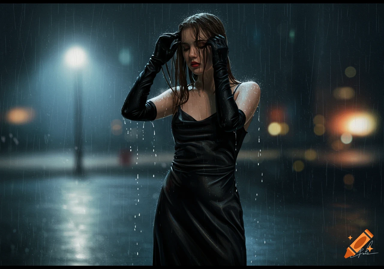 Photorealistic image of a young woman in a wet black satin dress and gloves, standing in heavy rain on a night street.