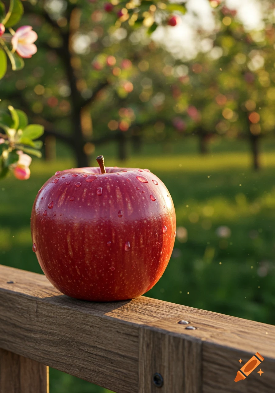 A glistening red apple with water droplets sits on a wooden railing in a sunlit apple orchard.