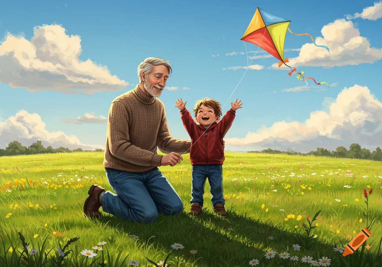 A happy old man and a young boy fly a colorful kite in a vibrant green field under a blue sky, in an illustration style.